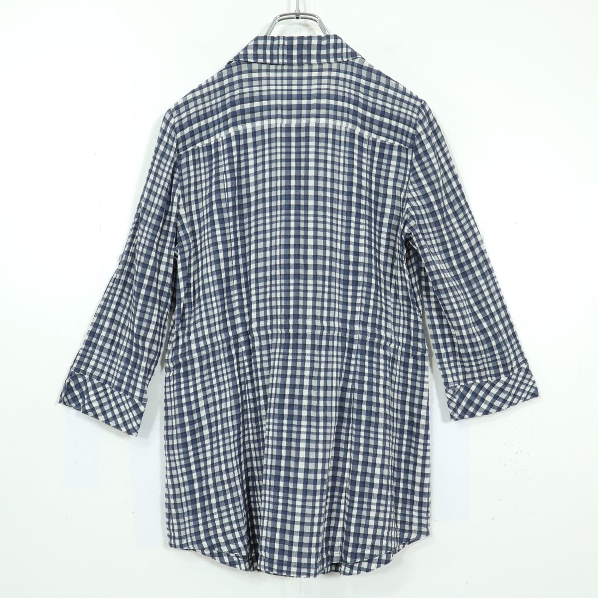 【新品タグ付！】レリアン★涼しげ♪七分袖チュニックブラウス サイズ9 白×紺系 前開き フリル♪薄手 z22586