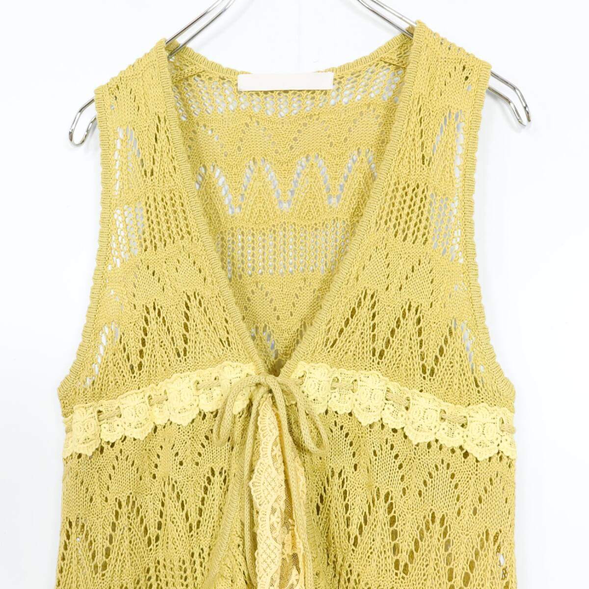 【美品】PINK HOUSE ピンクハウス★繊細な透かし編み×レース♪フェミニン ニットジレ ベスト レイヤード イエロー系  ＊ｋ14498
