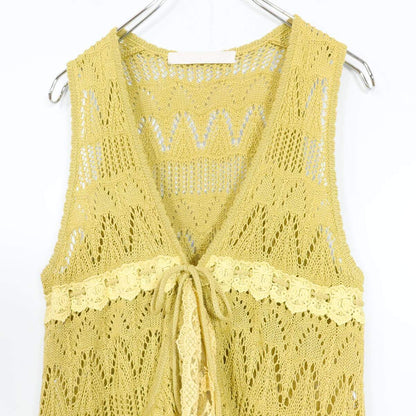 【美品】PINK HOUSE ピンクハウス★繊細な透かし編み×レース♪フェミニン ニットジレ ベスト レイヤード イエロー系  ＊ｋ14498