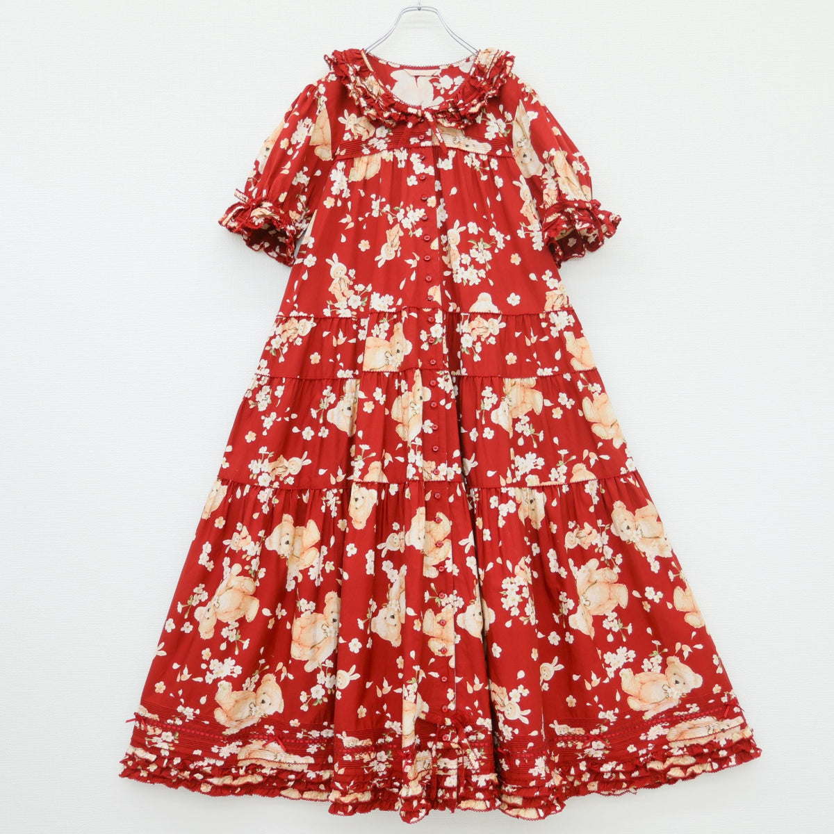 【極美品】ピンクハウス★桜Teddypt♪テディとうさぎの半袖ワンピース 赤系 前開き はしごレース&リボン 薄手 2025年製 z23385