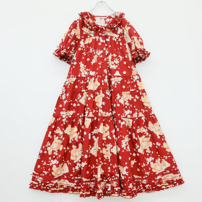 【極美品】ピンクハウス★桜Teddypt♪テディとうさぎの半袖ワンピース 赤系 前開き はしごレース&リボン 薄手 2025年製 z23385