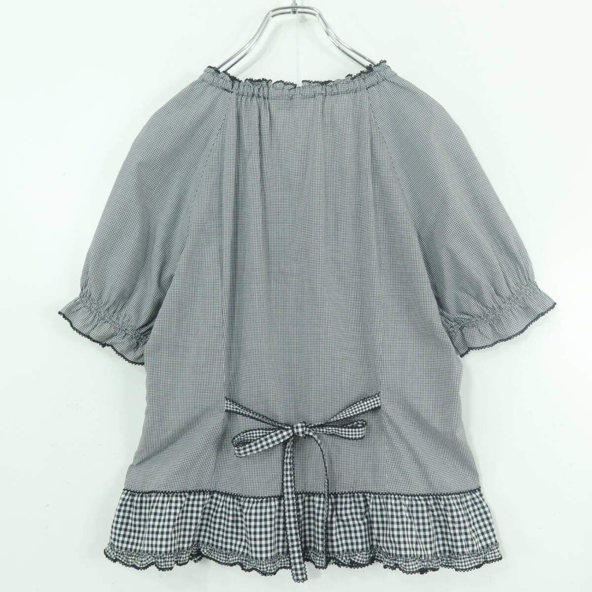 【極美品】ピンクハウス★ギンガムパッチワーク♪前開きローンブラウス 大きいサイズL 黒系 段々フリル&リボン♪z19567