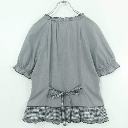 【極美品】ピンクハウス★ギンガムパッチワーク♪前開きローンブラウス 大きいサイズL 黒系 段々フリル&リボン♪z19567