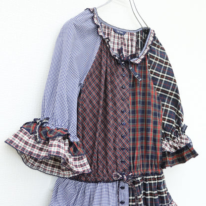 【美品】ピンクハウス★タータンチェックパッチワークワンピース 半袖 紺系ミックス 前開き フリル &リボン♪2025年製 z23387