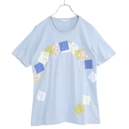 ピンクハウス★たっぷりパッチワーク♪お花とチェック柄 ロゴプリント Tシャツ 大きいサイズL 水色系 z20097