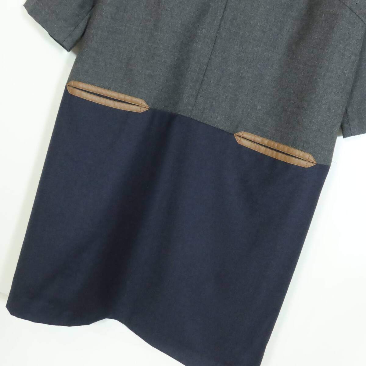 【極美品】自由区★おしゃれなバイカラー♪五分袖ワンピース 大きいサイズ44 グレー系 上質‼ウール100＊z15717