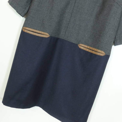 【極美品】自由区★おしゃれなバイカラー♪五分袖ワンピース 大きいサイズ44 グレー系 上質‼ウール100＊z15717