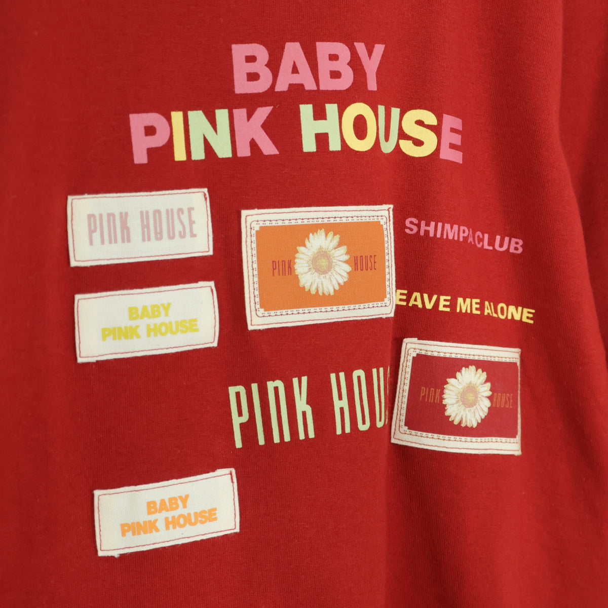 ベビーピンクハウス★たっぷりワッペンとカラフルロゴ♪ 七分袖カットソー・Tシャツ 親子コーデに！ キッズサイズS 赤系 z22151