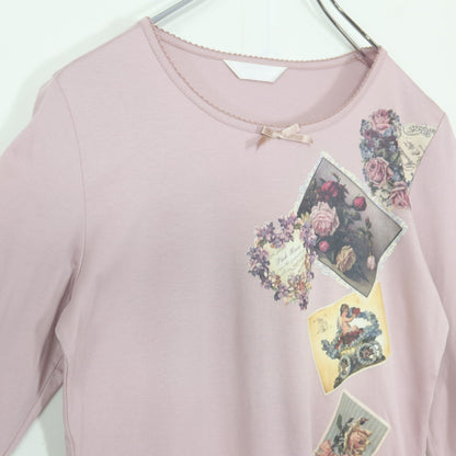 【美品】ピンクハウス★ヴィクトリアンカードpt♪長袖カットソー サイズM ピンク系 サテンリボン&ピコレース♪薄手 z20660