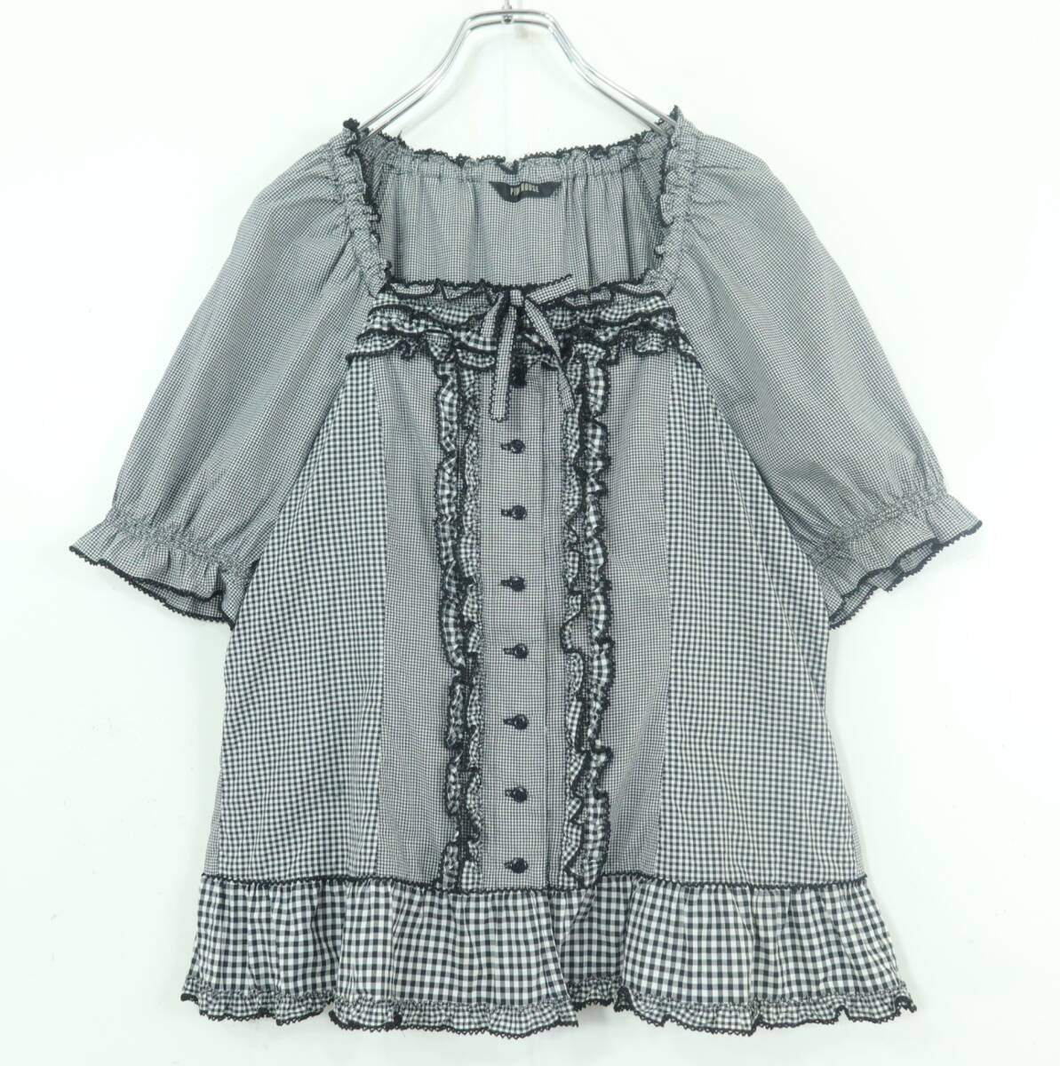 【極美品】ピンクハウス★ギンガムパッチワーク♪前開きローンブラウス 大きいサイズL 黒系 段々フリル&リボン♪z19567