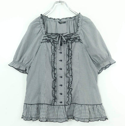 【極美品】ピンクハウス★ギンガムパッチワーク♪前開きローンブラウス 大きいサイズL 黒系 段々フリル&リボン♪z19567