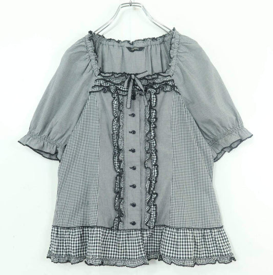 【極美品】ピンクハウス★ギンガムパッチワーク♪前開きローンブラウス 大きいサイズL 黒系 段々フリル&リボン♪z19567