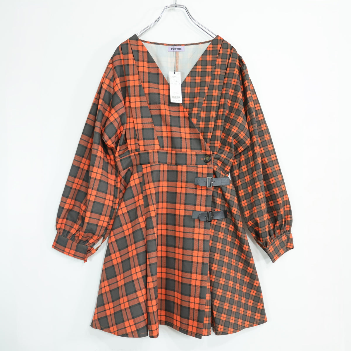 【新品タグ付き！】PUNYUS プニュズ★アメカジ風で可愛い♪ チェック柄カシュクールワンピース　大きいサイズ3 オレンジ系　z22812