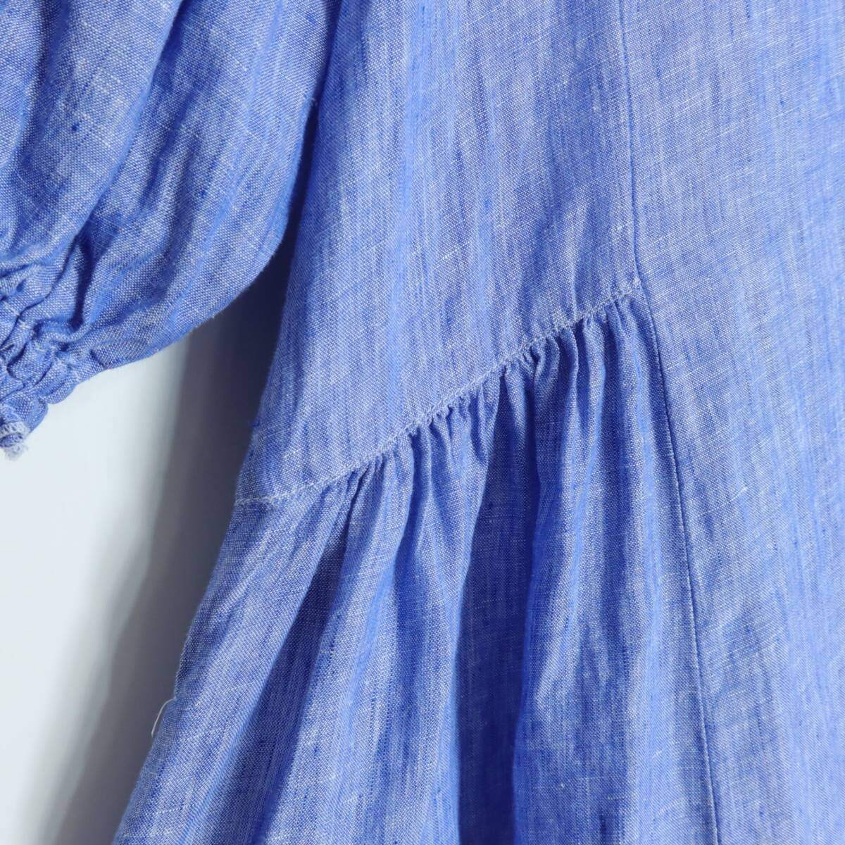 【美品】ネストローブ nest Robe★バルーンスリーブ 麻100 リネンシャツワンピース サイズF ブルー系 薄手 無地 *z19321