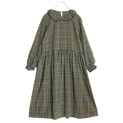 【美品】ピンクハウス ★可愛い！チェック柄ワンピース  長袖 ネル フリル襟 ゆったり フォルム　緑 グレー系＊ z15094