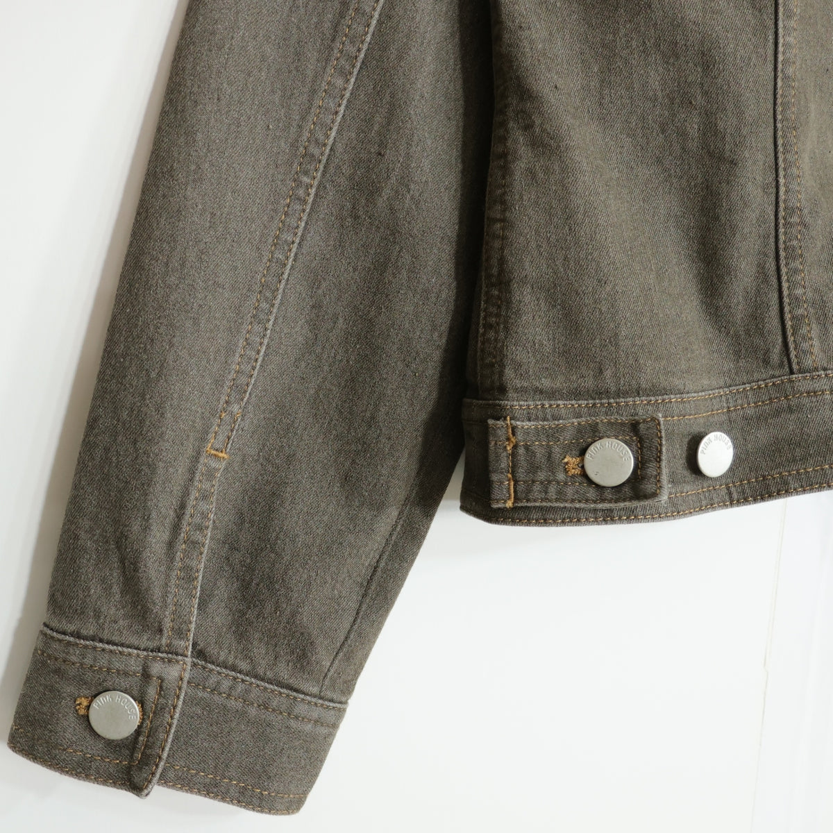 【美品】ピンクハウス★ひなぎくワッペン♪デニムジャケット ノーカラー 大きいサイズL チャコールグレー系 前開き 無地 z21851