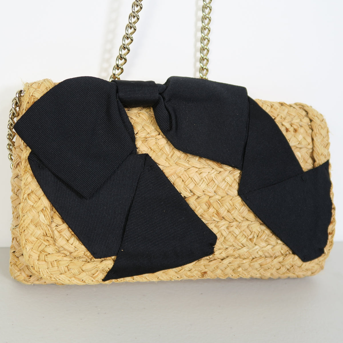 【美品】ケイトスペード Kate Spade ★大人可愛い！リボン付ラフィア ショルダー クラッチバッグ＊ba340