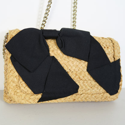 【美品】ケイトスペード Kate Spade ★大人可愛い！リボン付ラフィア ショルダー クラッチバッグ＊ba340
