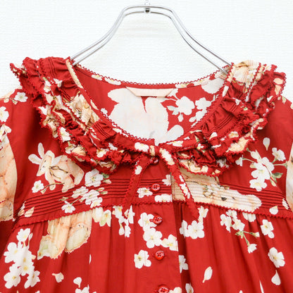 【極美品】ピンクハウス★桜Teddypt♪テディとうさぎの半袖ワンピース 赤系 前開き はしごレース&リボン 薄手 2025年製 z23385