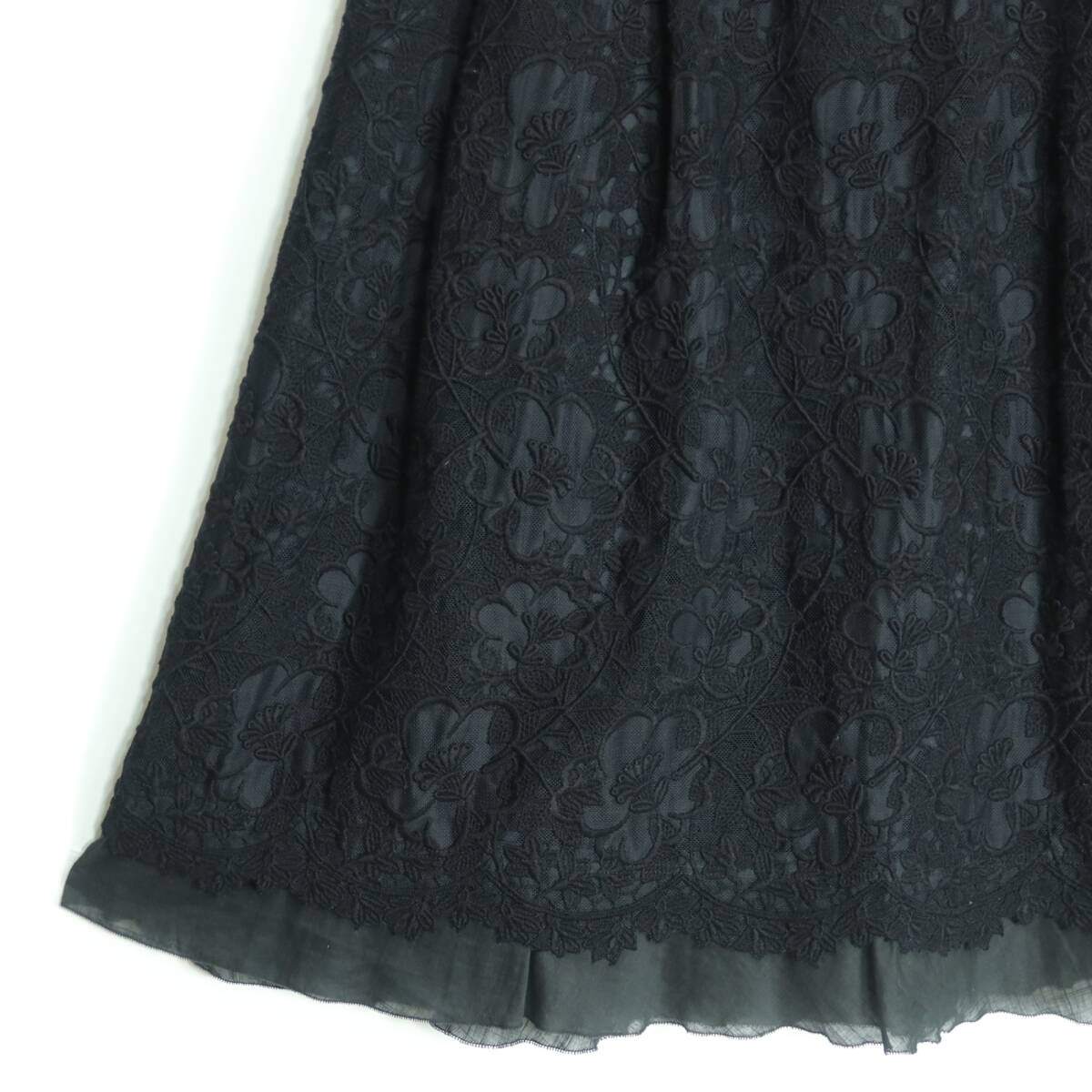 【美品】インゲボルグ★繊細！刺繍付きチュールレースが素敵なタック入りスカート サイズ9 黒系 裾シフォン♪薄手 z19463
