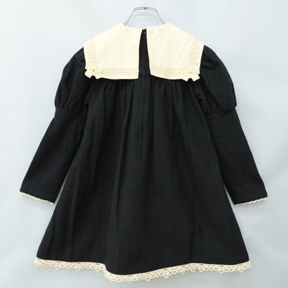 シャーリーテンプル★配色切替&リボン♪お姫さま風長袖ワンピース キッズサイズ120(7) 黒系 リボン付き z23417