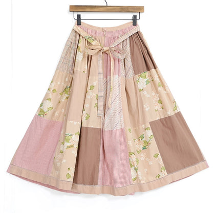 ピンクハウス★紫陽花やチェックのパッチワークが可愛い♪ ボリュームフレアスカート はしごレース ピンク系 z21395