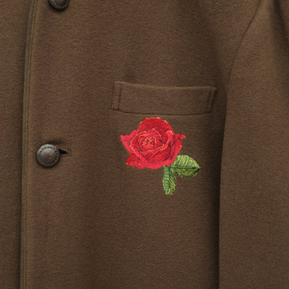 カールヘルム★薔薇刺しゅう♪ノーカラージャケット ウール混 大きいサイズL ブラウン系 前開き 無地 z23214