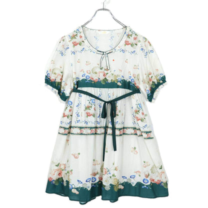 ピンクハウス★気品溢れる薔薇ブーケ柄♪リボンベルト付き 半袖パフスリーブ 綿ローン ワンピース 白×緑系 z21343