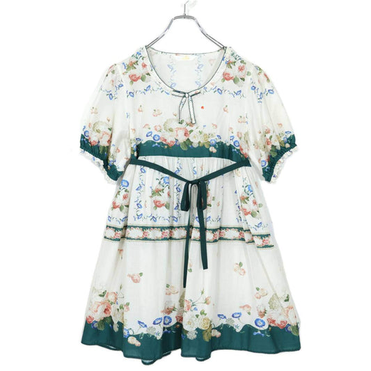 ピンクハウス★気品溢れる薔薇ブーケ柄♪リボンベルト付き 半袖パフスリーブ 綿ローン ワンピース 白×緑系 z21343