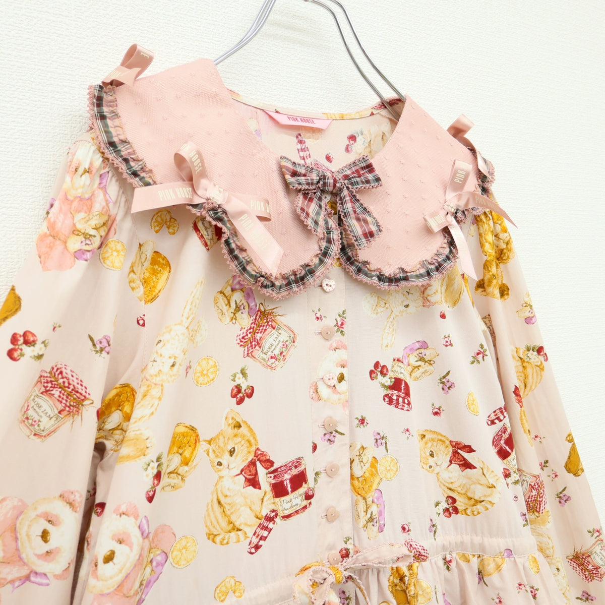 【極美品】ピンクハウス★アニマルハッピージャムpt♪かぶせ段々ワンピース ピンク系 前開き ドットチュール&リボン♪z23295