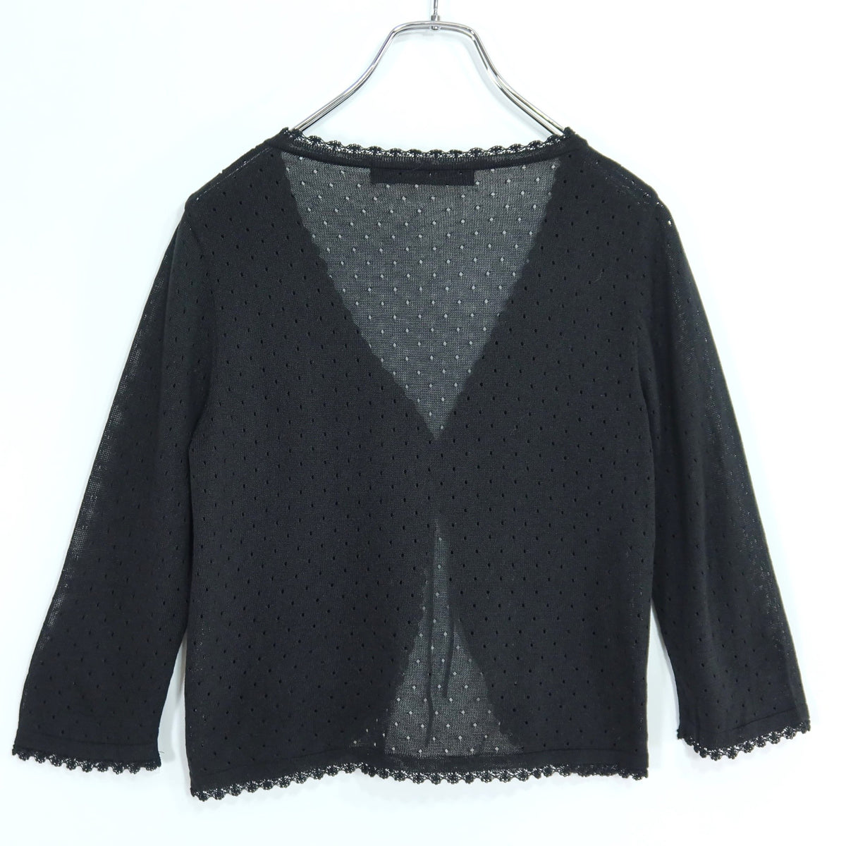 【美品】ピンクハウス★ミニリボン♪ニットカーディガン はおりもの 黒系 レース&透かし編み♪z19986