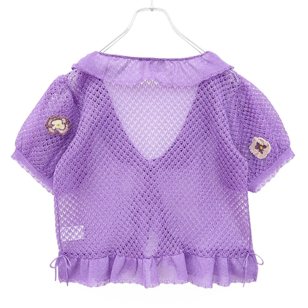 【美品】ピンクハウス★パンジーモチーフ♪透かし編みレースボレロ ラベンダー系 フリル&リボン♪2025年 z23549