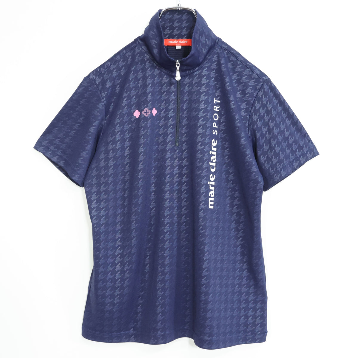 【美品！】マリクレール★千鳥格子柄が素敵♪ ハーフジップ 半袖シャツ ゴルフウェア サイズL 紺系 z22979
