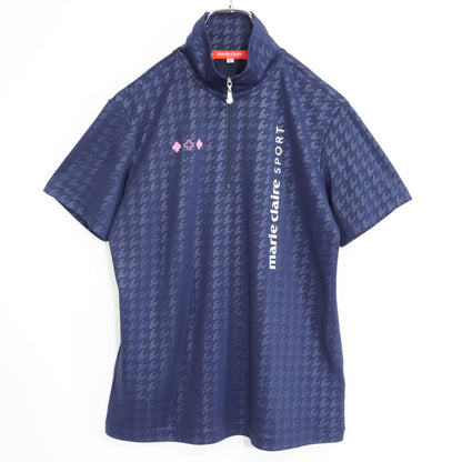 【美品！】マリクレール★千鳥格子柄が素敵♪ ハーフジップ 半袖シャツ ゴルフウェア サイズL 紺系 z22979