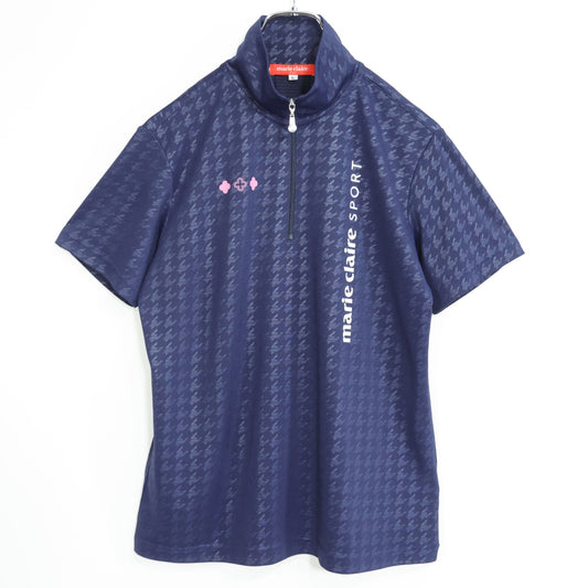【美品！】マリクレール★千鳥格子柄が素敵♪ ハーフジップ 半袖シャツ ゴルフウェア サイズL 紺系 z22979