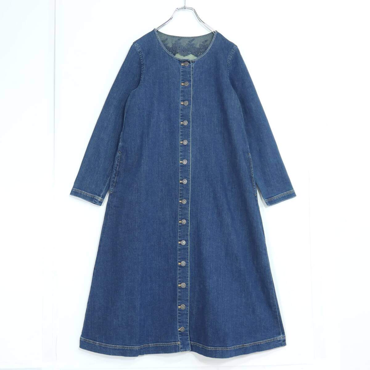 ピンクハウス★デニムロングワンピース オシャレなコート風デザイン♪ 可愛いレース サイズM　ブルー系 無地 z20267
