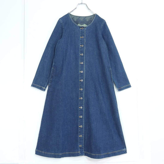ピンクハウス★デニムロングワンピース オシャレなコート風デザイン♪ 可愛いレース サイズM　ブルー系 無地 z20267
