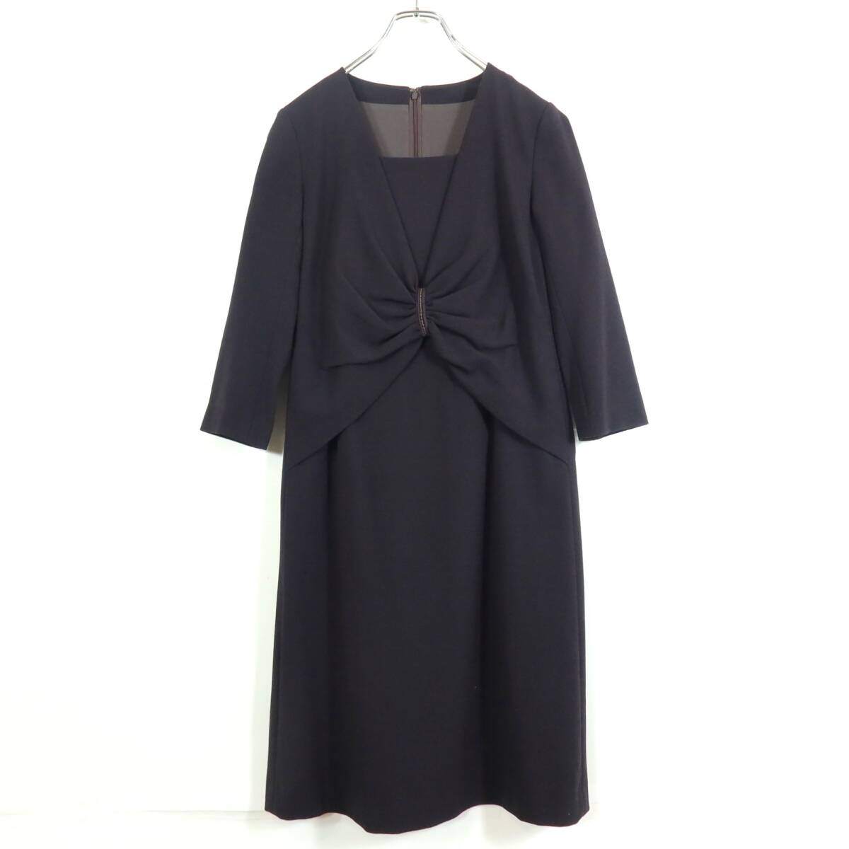 【美品】レリアン★大人フェミニンワンピース サイズ9 黒みがかった紫系 重ね着風♪フォーマル z17739