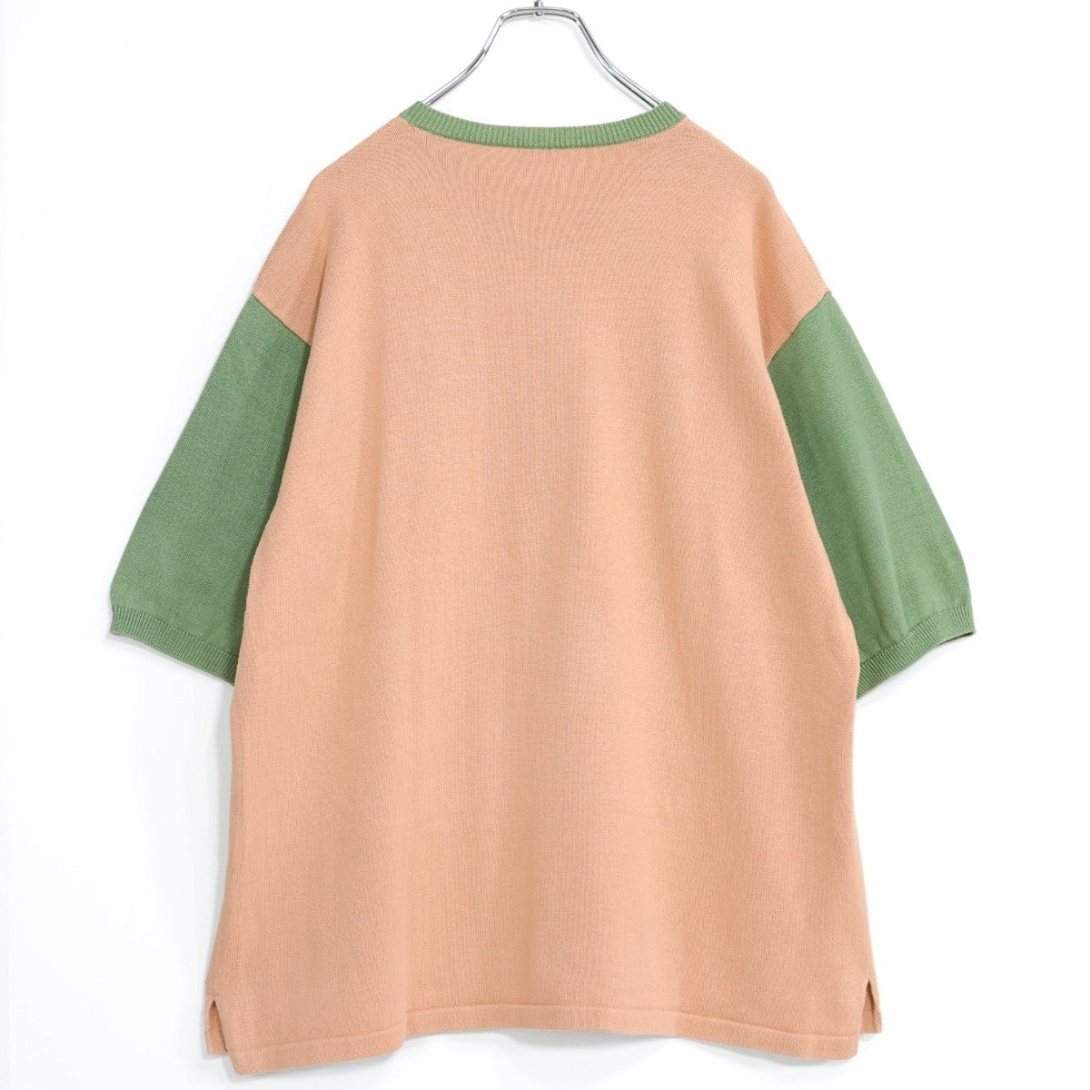 カールヘルム ピンクハウス★配色デザイン♪半袖ニット サーモンピンク×緑 無地 z