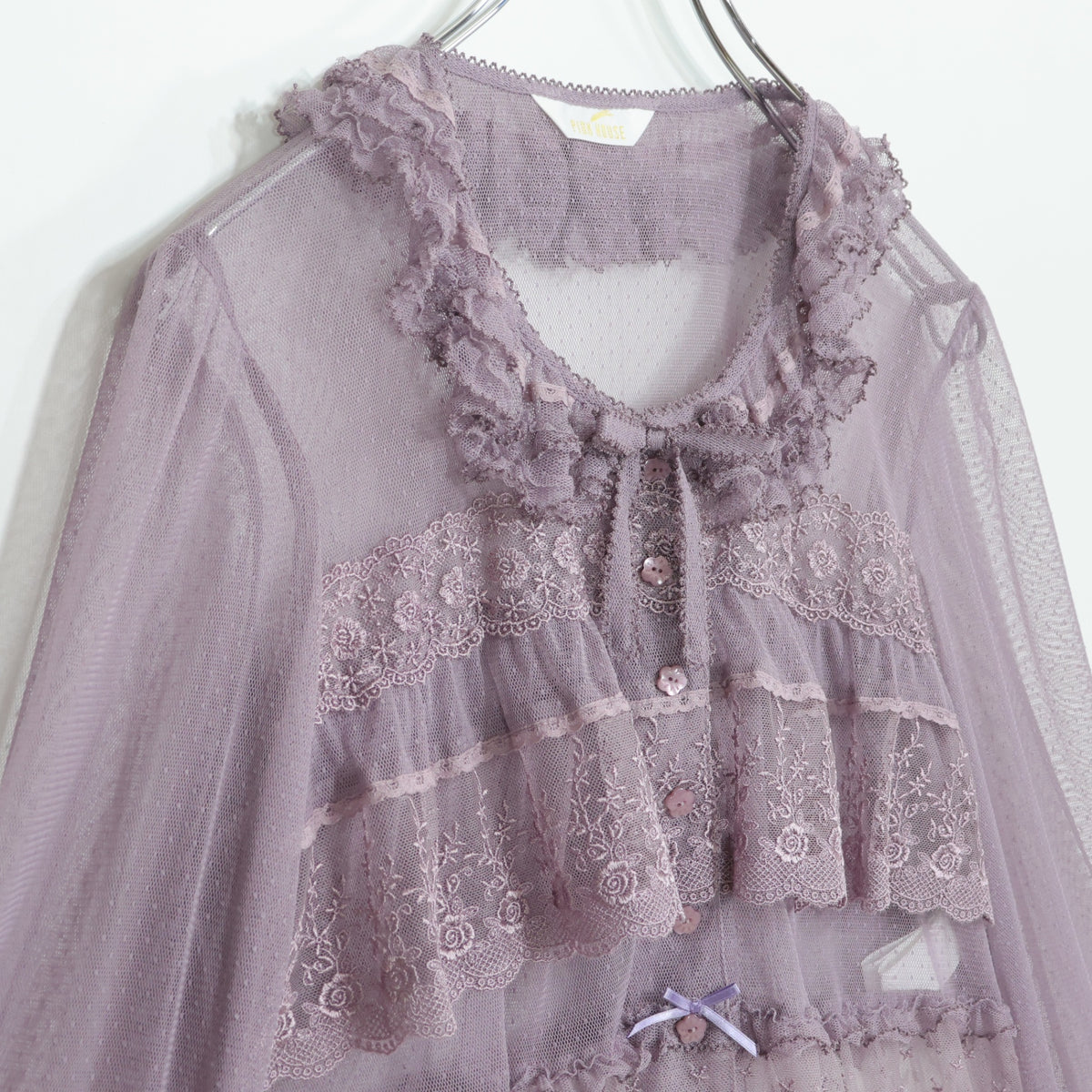 【極美品】ピンクハウス★ドットチュールレース♪長袖ブラウス ラベンダー系 前開き サテンリボンも♪2025年製 z22501