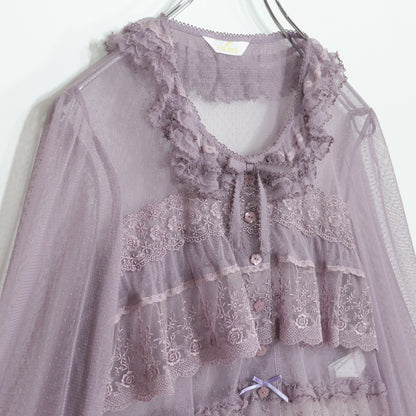 【極美品】ピンクハウス★ドットチュールレース♪長袖ブラウス ラベンダー系 前開き サテンリボンも♪2025年製 z22501