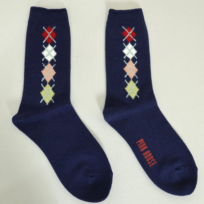 【美品】ピンクハウス★アーガイル柄クルーソックス 靴下  ダイヤ刺繍  トラッド 紺系 so372