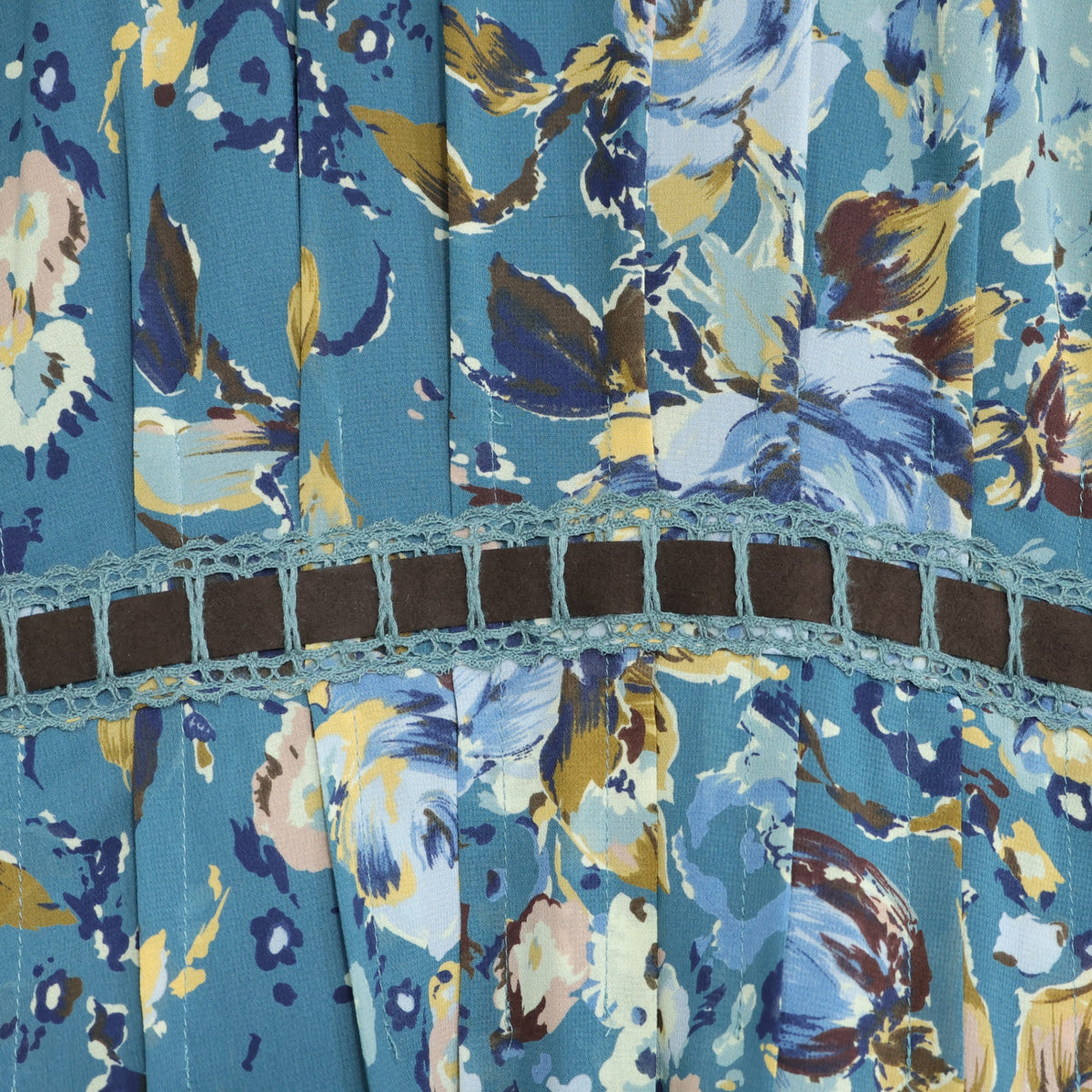 インゲボルグ★はしごレース&ベロアリボン♪花柄シフォンワンピース サイズ9 青緑系 薄手 z22247