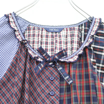 【美品】ピンクハウス★タータンチェックパッチワークワンピース 半袖 紺系ミックス 前開き フリル &リボン♪2025年製 z23387