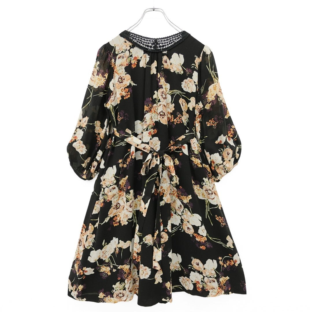 インゲボルグ★胸元レース使い♪花柄シフォンワンピース サイズ9 黒系 薄手 z23318