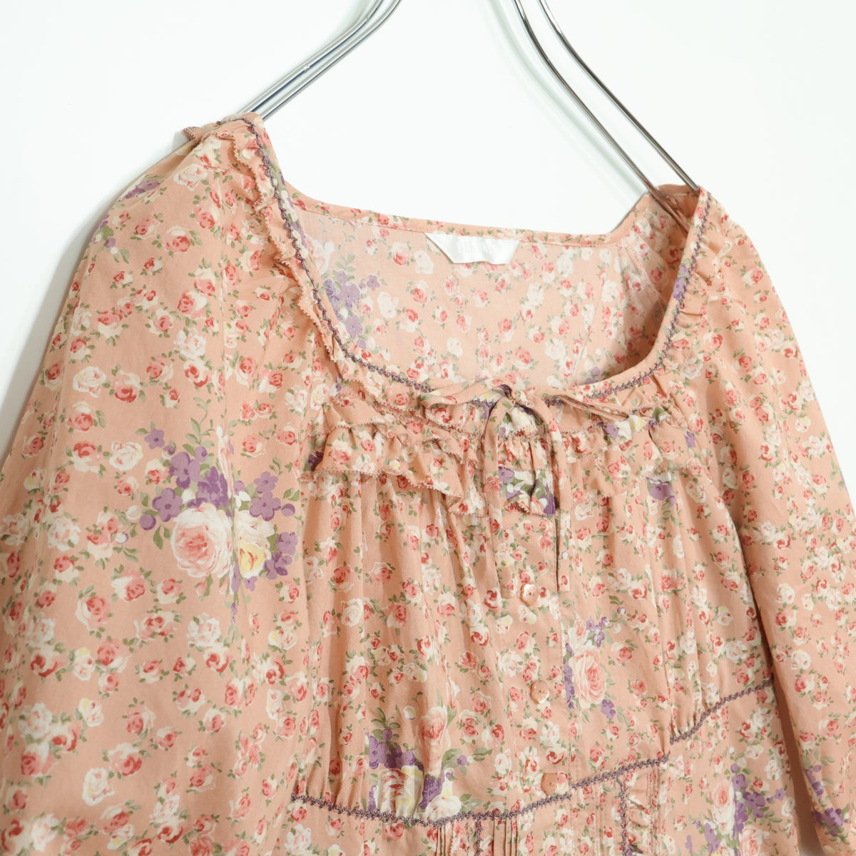 【美品】ピンクハウス★薔薇pt&段々フリル♪スクエアネックブラウス サーモンピンク系 前開き z22913