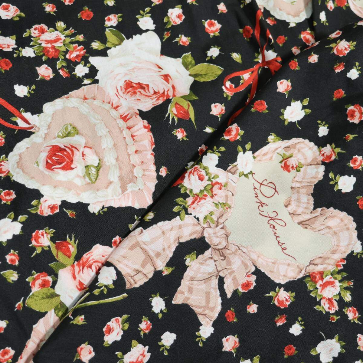 【美品】ピンクハウス★ロマンティック可愛いオーナメントローズpt♪チュニックブラウス ローズケーキ柄 黒系 前開き z21320
