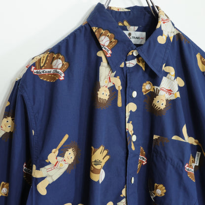 【美品】ネイチャートレイル ピンクハウス★野球・ベースボール柄が可愛い♪ 長袖シャツ メンズサイズS 紺系 z21408