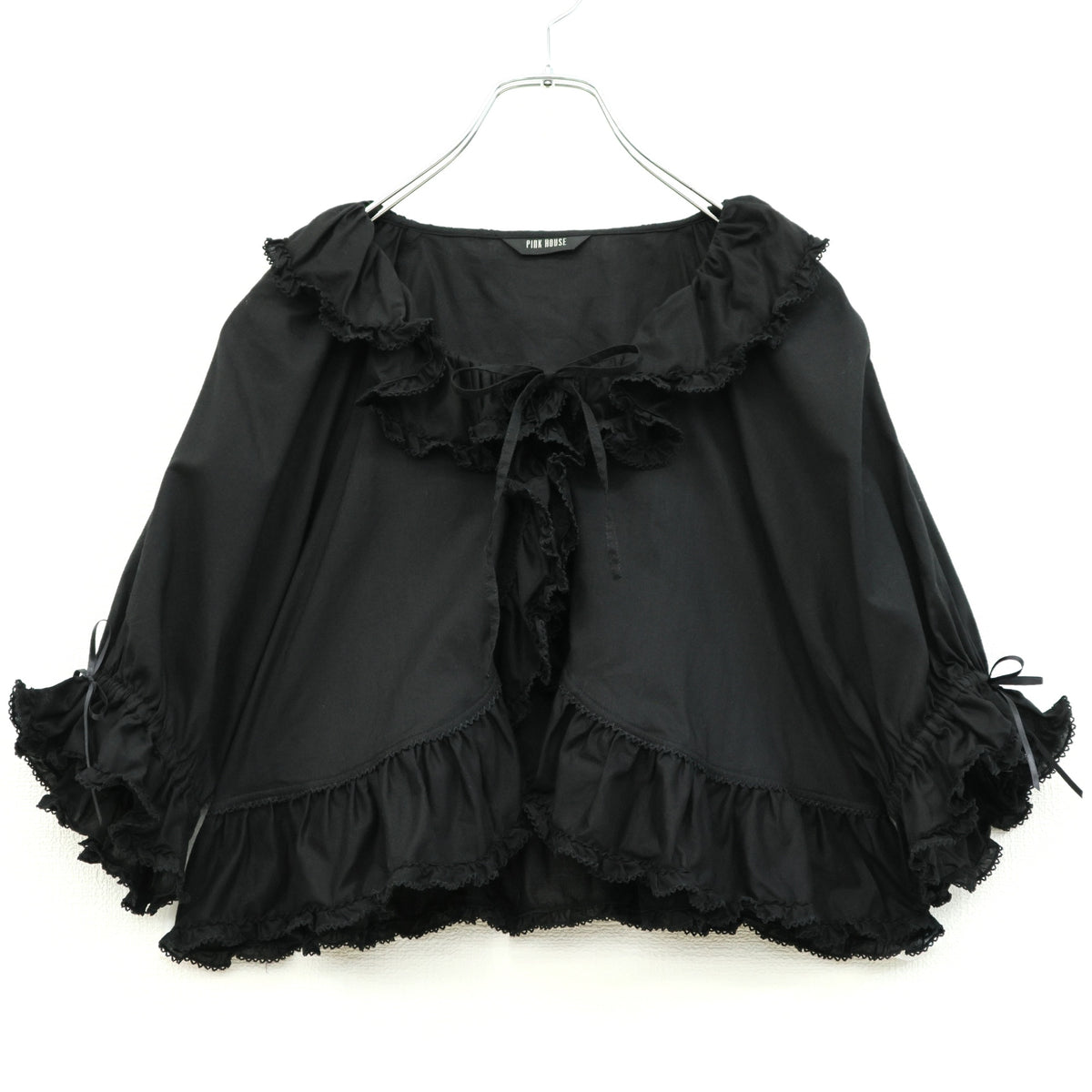 【美品】ピンクハウス★たっぷりフリル♪キュートな半袖ローンブラウス ボレロ風 黒系 2023年製 無地 z23576