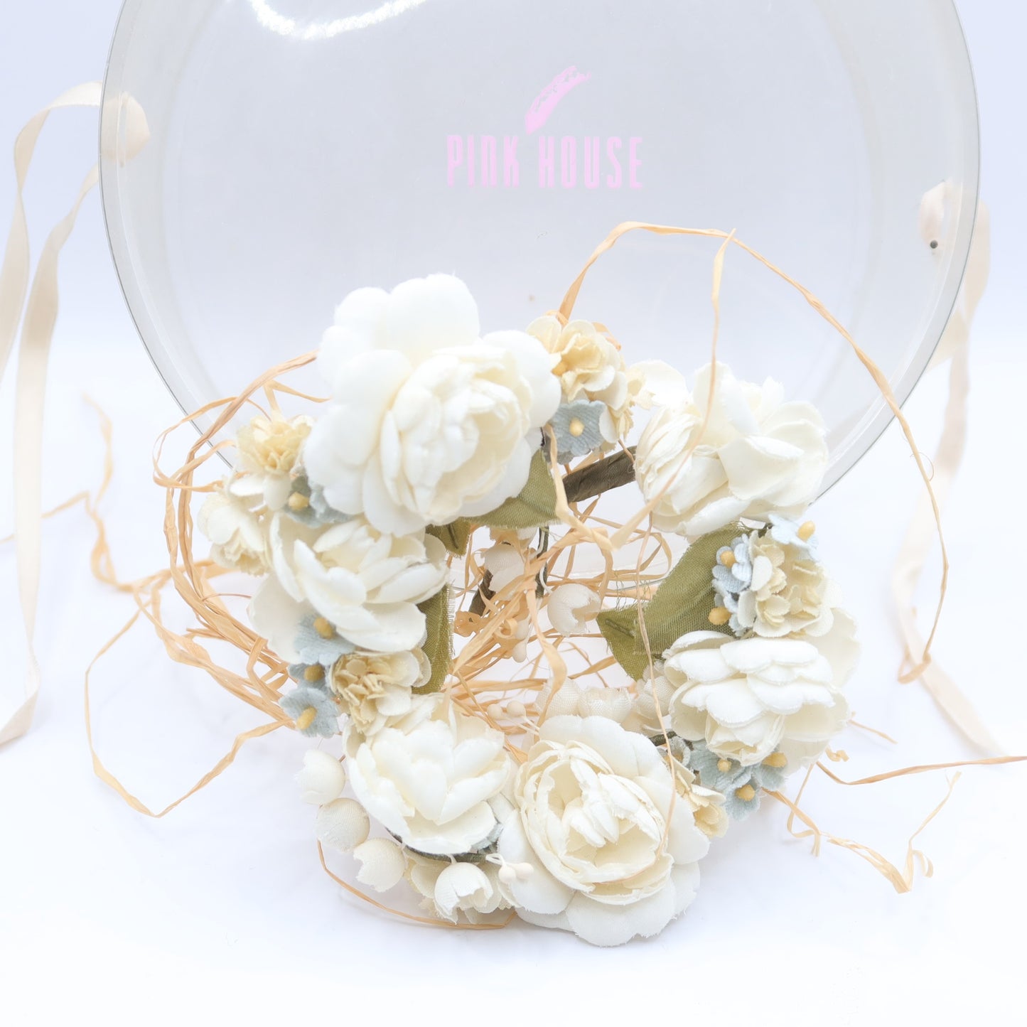 ピンクハウス★可憐な薔薇に麦藁♪ ハート形のようなフラワーリースコサージュ オフホワイト・水色系 ko087